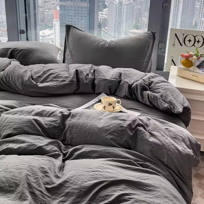 Washed Cotton Bedding Set,Bed Sheet Set, Linen Feel, Super Soft, Comfortable, 4-Piece Duvet Cover Set, Durable and Easy Care.