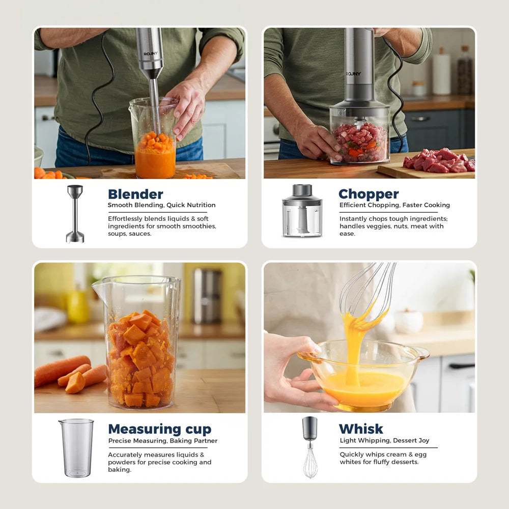 ROUNY 4-in-1 Hand Immersion Blender 1000W Powerful, Stainless Steel Stick Food Mixer,700ml Mixing Beaker,500ml Processor, Whisk.