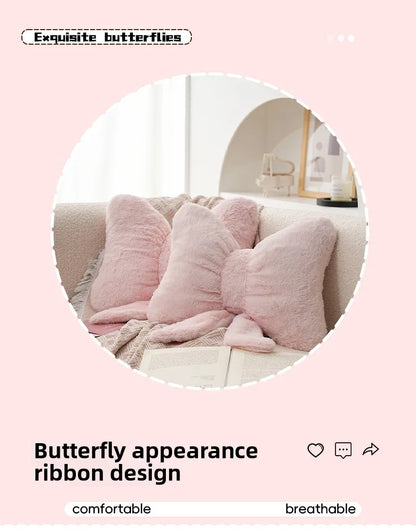 Pink bow ribbon couch pillow imitation rabbit fur comfortable car seat cushion ins style simple all-match back cushion.