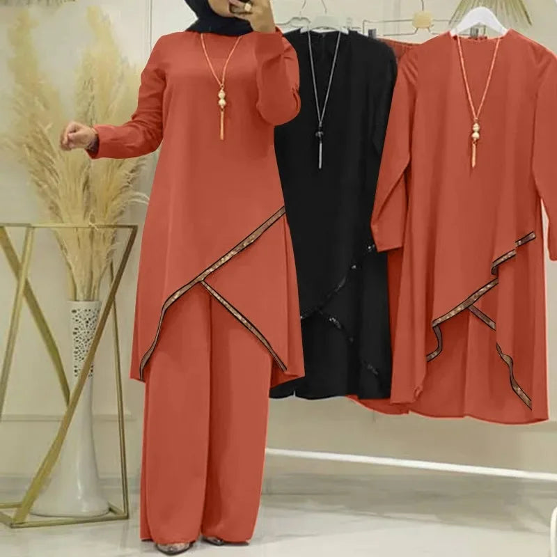 Women Eid Musulman Ensemble Muslim Sets Solid Blouses Wide Leg Pants Ramadan Morocco Two Pieces Dubai Kaftan Loose Modest.
