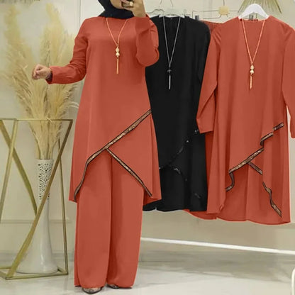 Women Eid Musulman Ensemble Muslim Sets Solid Blouses Wide Leg Pants Ramadan Morocco Two Pieces Dubai Kaftan Loose Modest.