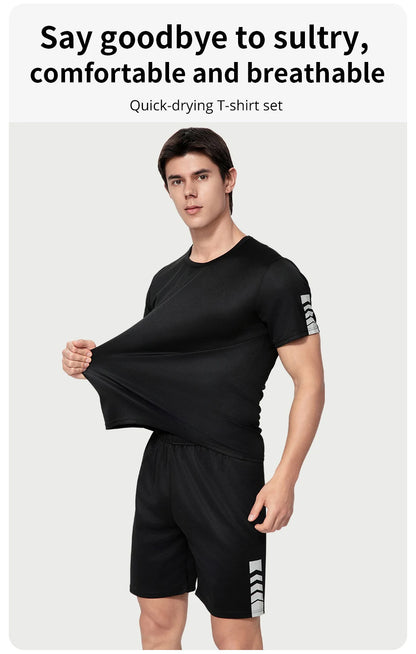 2-pcs Men's Quick-drying Exercise Black-and-white Suit Running Fitness Breathable Short Sleeve Comfortable Joker Playing Shorts.