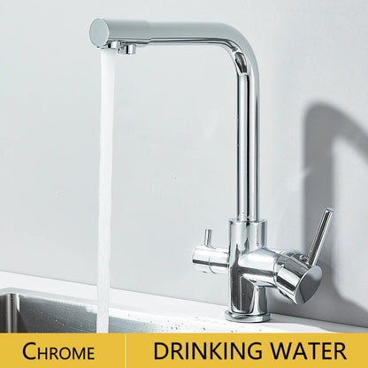 Filter Kitchen Faucet Chrome Drinking Pure Water Kitchen Tap Deck Mounted Dual Handles 3-Ways Hot and Cold Water Mixer