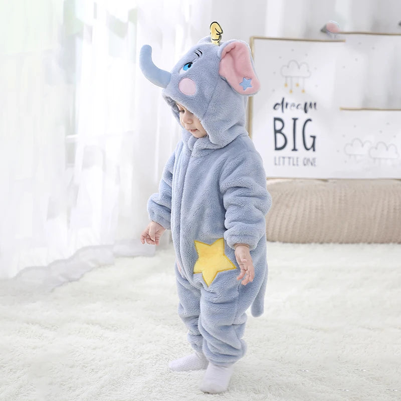 Kigurumis Schöne Elefanten Neugeborenen Baby Kleidung Body Winter Flanell Jungen Mädchen Strampler Warme Cosplay Kostüm Outfit Mit Kapuze.