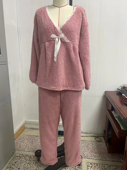 Herbst und Winter Damen neuen Stil Spitze Spleißen V-Ausschnitt Pyjama Set Flanell Schleife Langarm Top und Hose zweiteiliges Set von l.