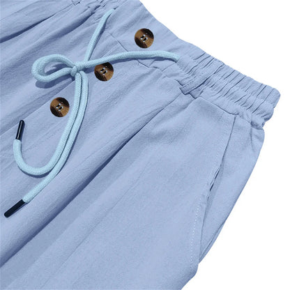 Autumn New Men's Cotton Pants Solid Color Button Drawstring Design Casual Loose Fit Cozy Trousers Simple Style Long Pants.