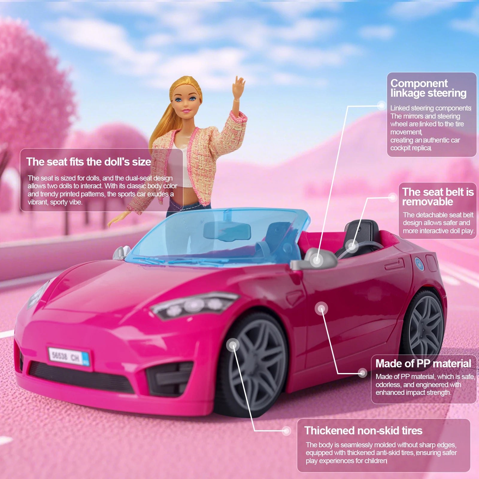 Doll Accessories Toy Car Playset Bright Pink Doll-Sized Convertible with 2 Seats Seatbelts & Rolling Wheels Realistic Details.