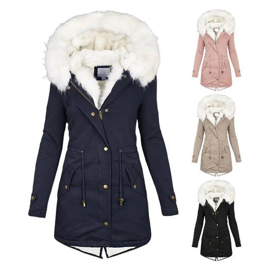 Verdickter Damen-Winter-Baumwollmantel, Kunstpelzkapuze, Fleece-Reißverschluss-Knopfjacke, winddicht, mittellang, schlanke Oberbekleidung