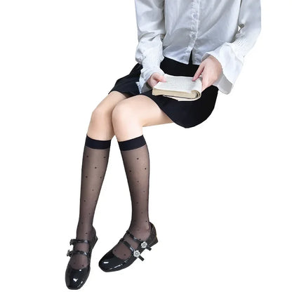 Women's Mid-calf Thin Transparent Stockings Summer Leggings Pure Desire Style Black White Color Half-Transparent Long Tube Socks.