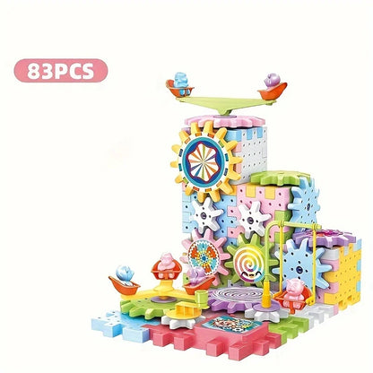 Kids Electric Gear Building Toy Set Motorized Spinning Gears Set Gear Rail Car Big Building Blocks STEM Construction Toy Set.