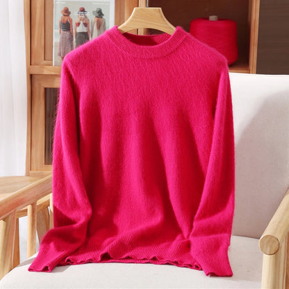 Women's Round-neck Mink Cashmere Sweater Soft Pullover Jumper Comfortable Knitted Top for Autumn Winter Pure Mink Material