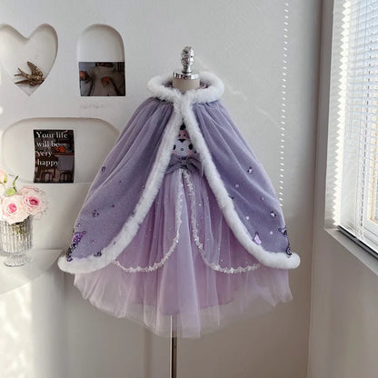 Anime Kuromi Lolita Kleid und Umhang Set Strickpullover Spleißen Mesh Prinzessin Kleid Partykleid Herbst Winter Urlaub Geschenk