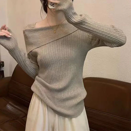 Solide Sexy Schlank Off Schulter Slash Neck Langarm Stricken Pullover Frauen Jumper Büro Mode Neue