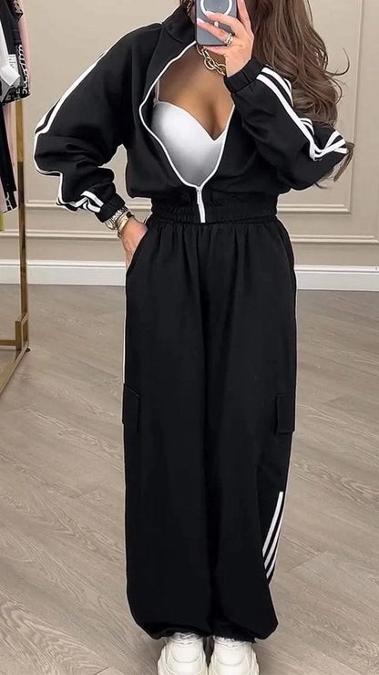 Sports Trousers Loose White Casual Women's Set Fashion Zipper High-waisted Hoodie + Wide-leg Overalls 2-piece Sweatshirt Suit.