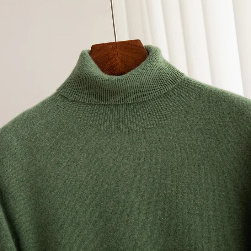 Men 100% Merino Wool Sweater Turtleneck Knitted Pullover Cashmere Warm Solid Color Clothes Business Bottoming Tops Autumn Winter