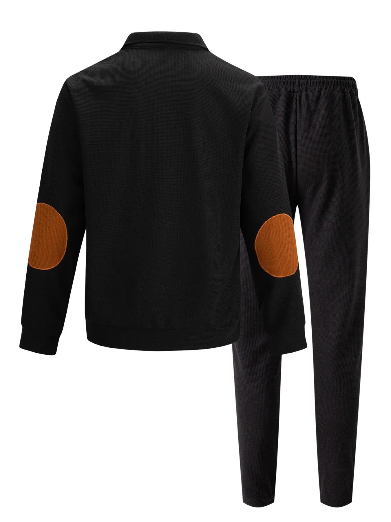 Men's new autumn style American stand-up collar button elbow patch color-block long-sleeve hoodie and pants set.