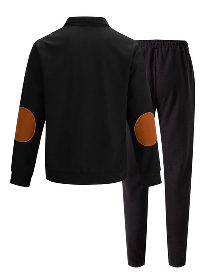 Men's new autumn style American stand-up collar button elbow patch color-block long-sleeve hoodie and pants set.