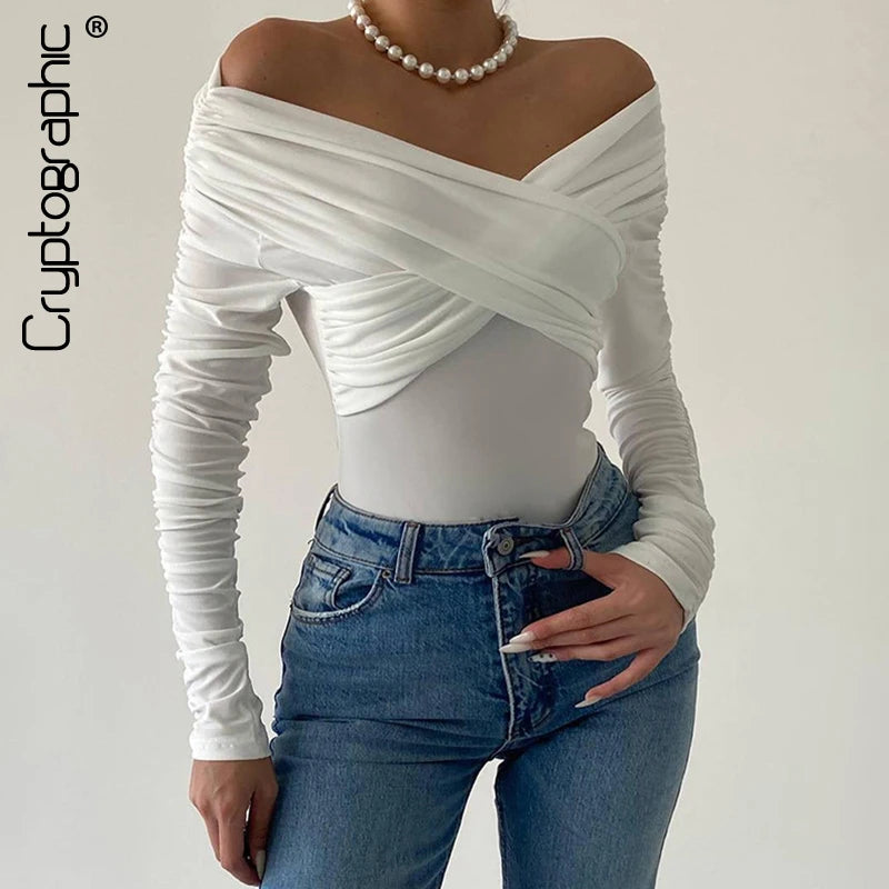 Cryptographic Fashion Ruched Sexy Backless Wrap Bodysuit Elegant Off Shoulder Slim Long Sleeve White Tops One Piece Skinny Fall.