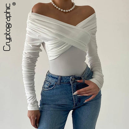 Cryptographic Fashion Ruched Sexy Backless Wrap Bodysuit Elegant Off Shoulder Slim Long Sleeve White Tops One Piece Skinny Fall.