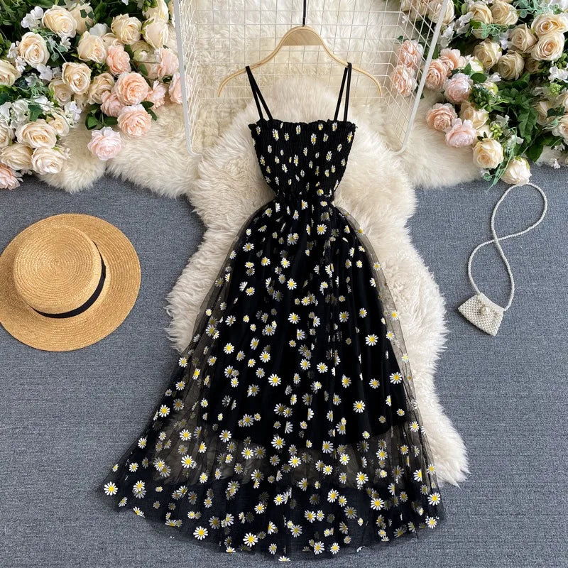 Frauen Kleid 2023 Neue Sommer Mode Fee Mesh Party Kleid Koreanische Pop Floral Print Urlaub Strand Kleid Streetwear Sommerkleid.