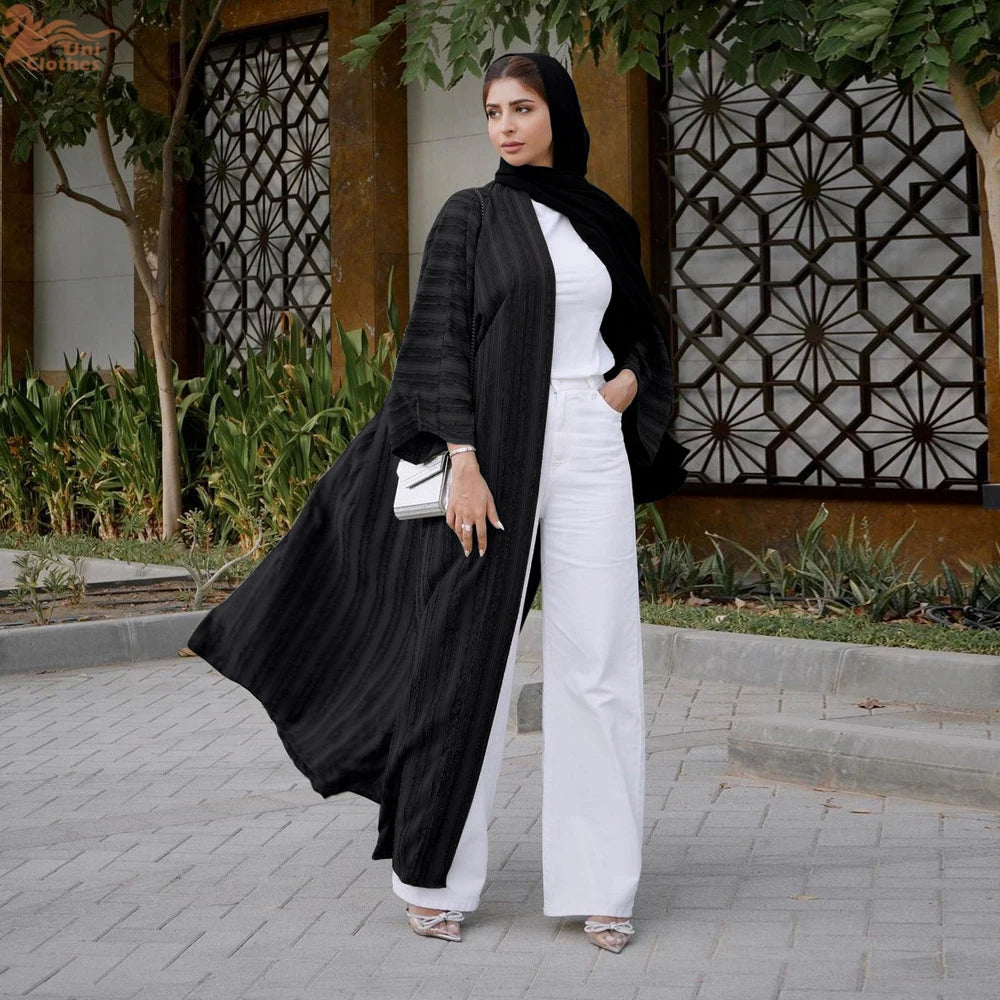 Uni Fashion Muslim Kimono Abaya Solid Striped Retro Ethnic Cardigan Robe Dubai Middle Eastern Saudi Arabia Eid Clothes 2025.