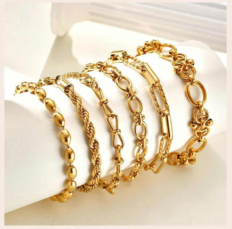 Chunky Stainless Steel Link Chain Bracelet For Woman, Gold Plated Layering Bracelets Wristband Waterproof Jewelry.