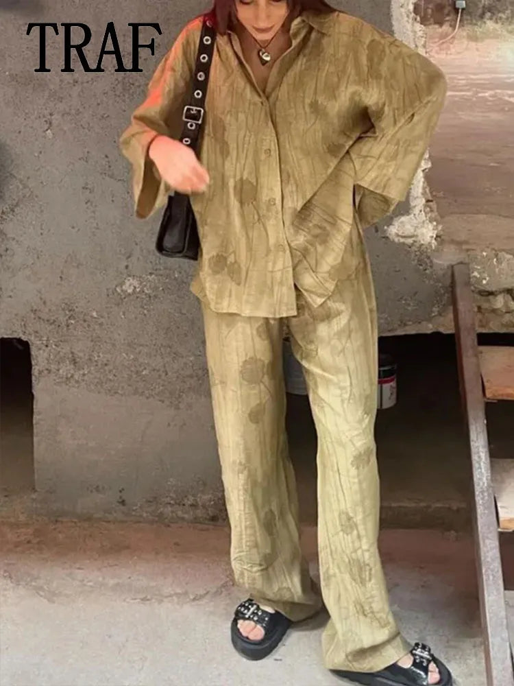 Women Print Long Pants Sets For Women Lapel Half Sleeve Single Breasted Shirts + High Waist Lace-Up Wide Leg Pants.