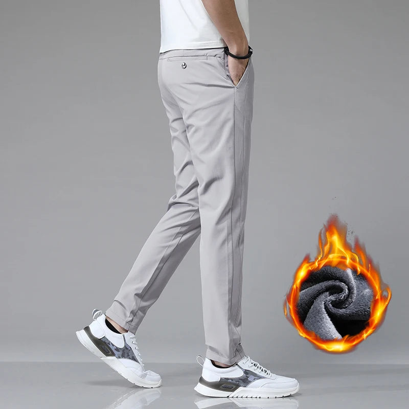 Korean Men's Warm Golf Pants Slim Straight Winter Thick Fleece Casual Pants Business Fashion Stretch Thermal Trousers Male.