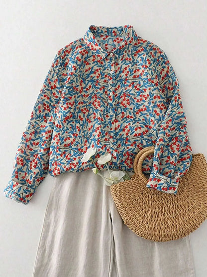 Ladies long sleeve shirt new style floral pattern shirt French style simple daily button casual women's top.