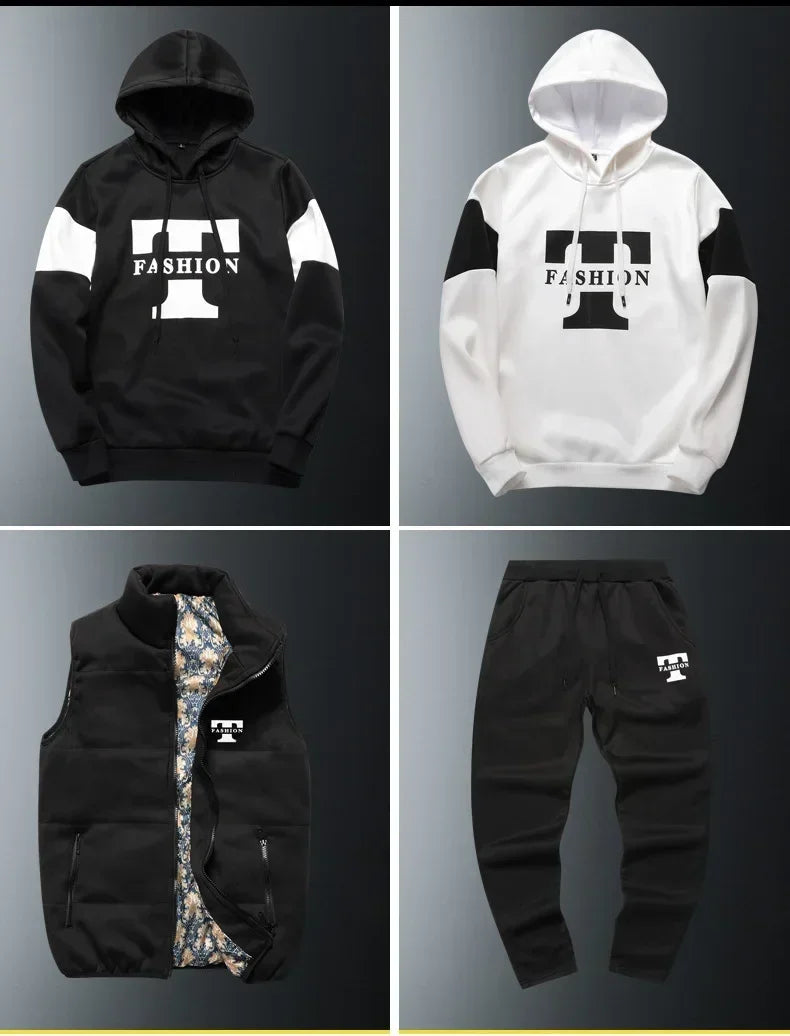 3 Pieces Set Hoodies+Vest+Pants Casual Men's Track Suit Clothing Coats Winter Thick Warm Tracksuit for Men Printed Mens Set Vest.