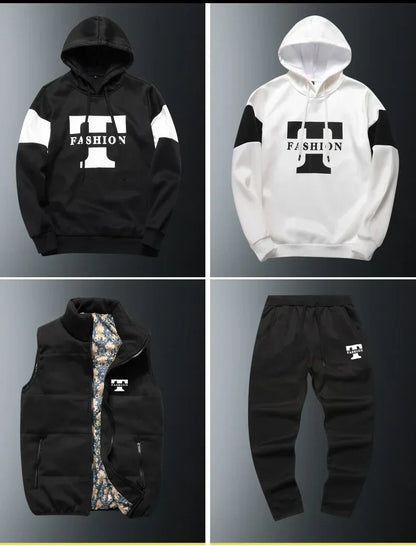 3 Pieces Set Hoodies+Vest+Pants Casual Men's Track Suit Clothing Coats Winter Thick Warm Tracksuit for Men Printed Mens Set Vest.