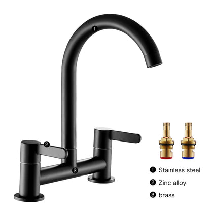Modern Double Lever Sink Faucet Kitchen Hot Cold Wash Mix Sink Mixer Taps 360° Swivel Spout Kitchen Two Seat Elbow Faucet Filter