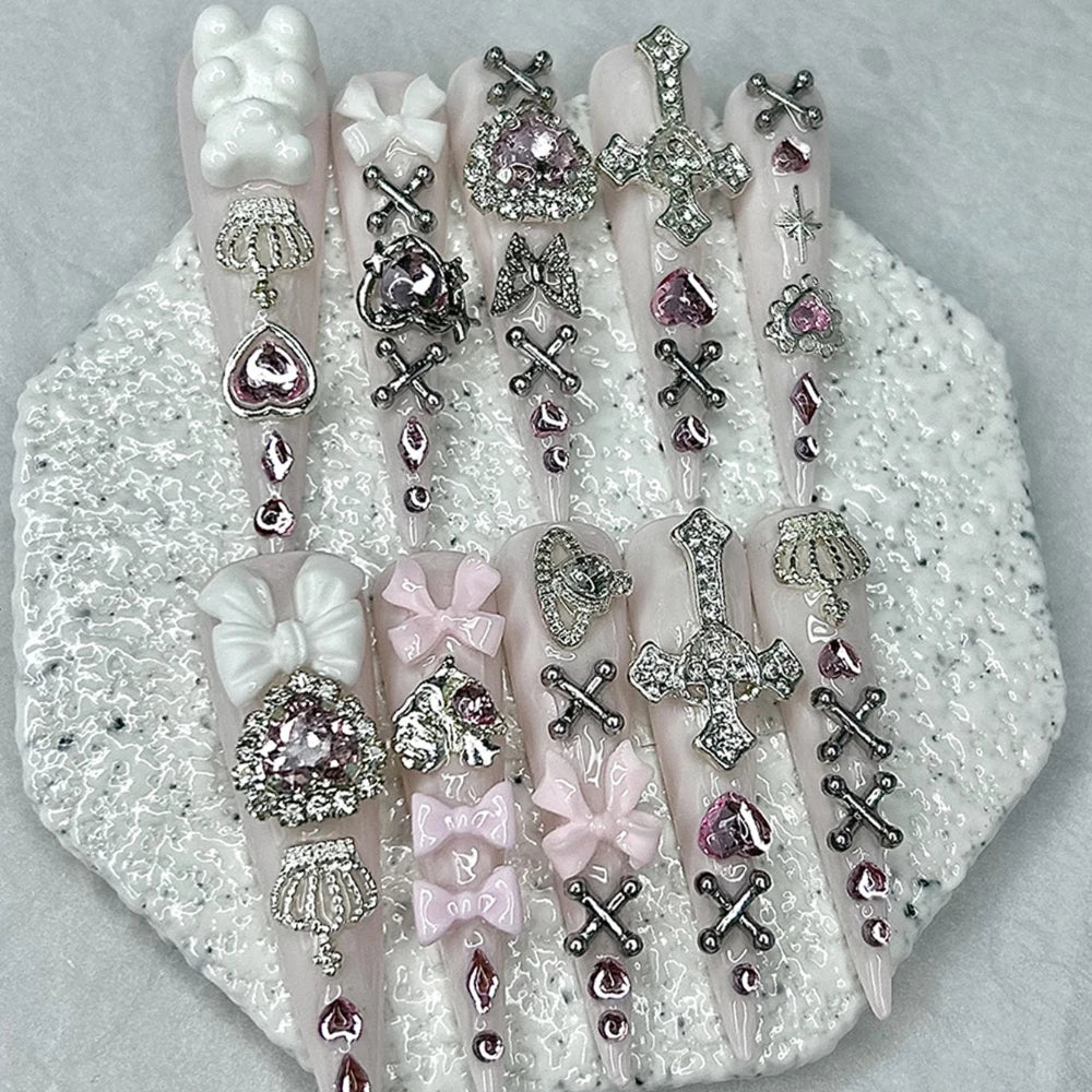 10PCS Y2K Pink Jirai Cute Long Handmade Press On Nails Shibuya Gyaru Bow Heart Cross Diamond Crown Stiletto Fake Nails Nail Art.