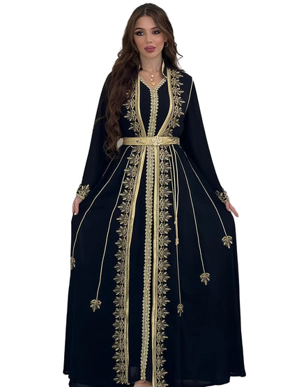 Eid muslimische Frauen Party Stickerei Kleider 2 Stück Set Jalabiya Ramadan Islam Vestidos arabische Robe Marokko Dubai Abayas Kaftan.