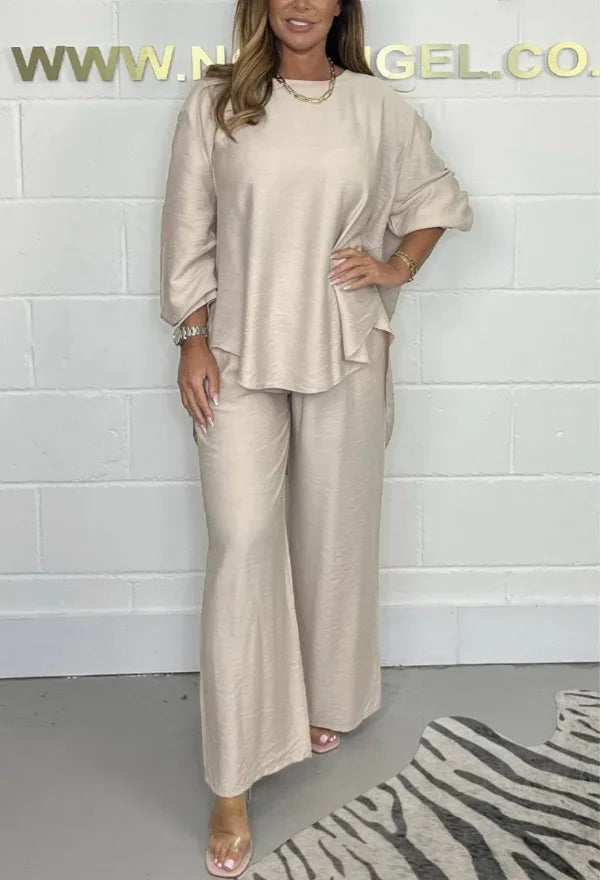 Women's Suit Casual Loose Solid Color Satin 2-piece Set Spring Fall New Blouse Top + Pants Sets Daily Wear Elegant Outfit Female