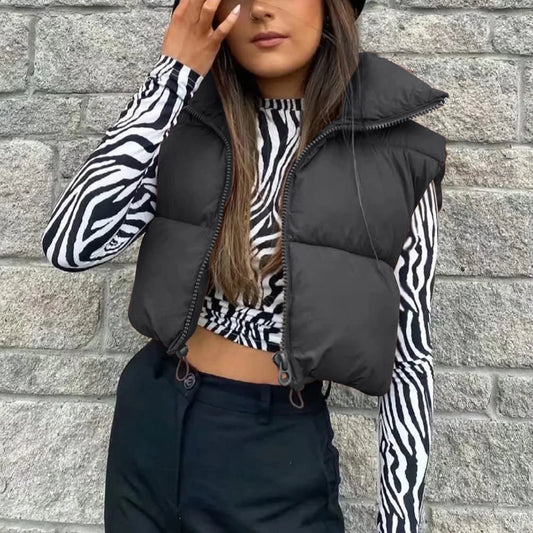 Herbst und Winter Damen kurze Baumwolle Daunenweste kurze Stehkragen warme ärmellose Steppweste Outdoor-Reisejacke Tops
