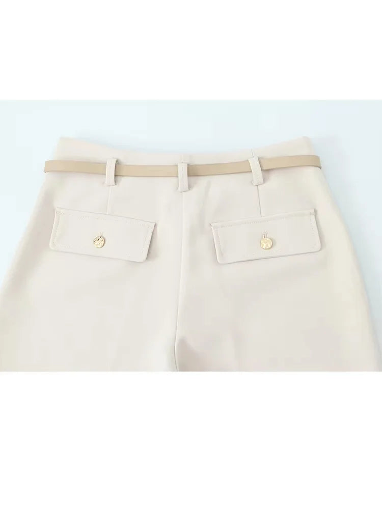 HH Women Solid Pant Set Long Sleeve O-Neck Double-Breasted Blazers+High Waist Chain Matching Side Zipper Trousers Sets.