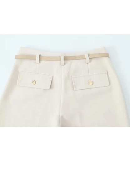 HH Women Solid Pant Set Long Sleeve O-Neck Double-Breasted Blazers+High Waist Chain Matching Side Zipper Trousers Sets.