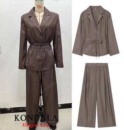 KONDALA Women Elegant Striped Blazer Suit Slim Button Blazer or Wide-leg Pants 2025 Spring Fall Fashion Mujer Commute Pants Set.