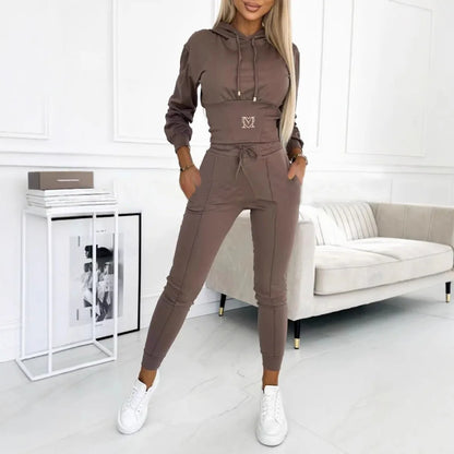 Casual Solid Color Hooded Slim Long-sleeved Top And Wide-sleeved Pants Suit Women 2025 Spring Top Lace-up Pants Suit For Women.