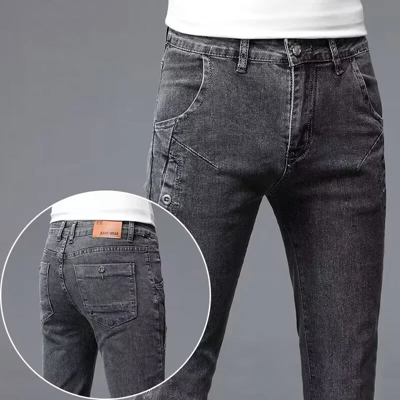 2024 New Men's Skinny Jeans Blue Gray Cotton Elasticity Straight Pencil Foot Slim Fit Fashionable Casual Denim Long Pants Male.