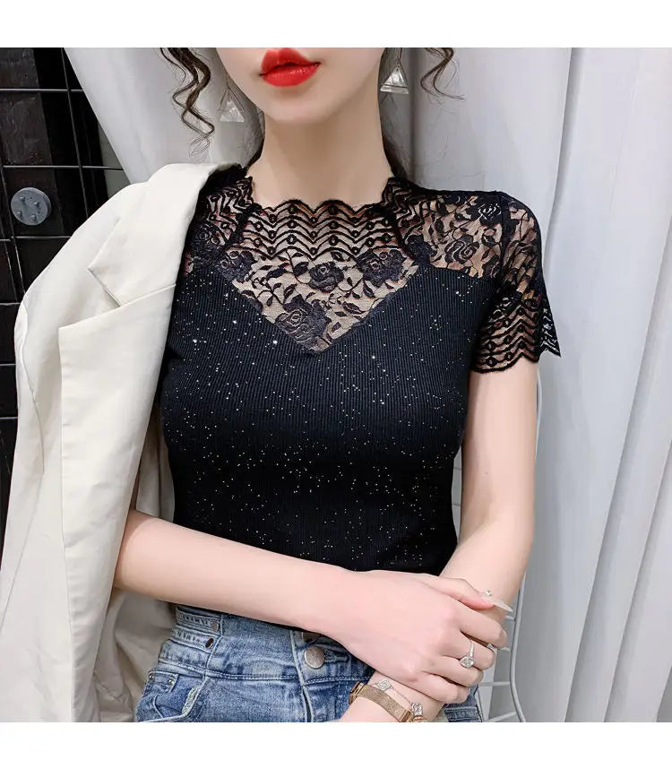Summer Women Tops Patchwork Bright silk Mesh T shirt Pathcwork Short Sleeve Lace Shirt.