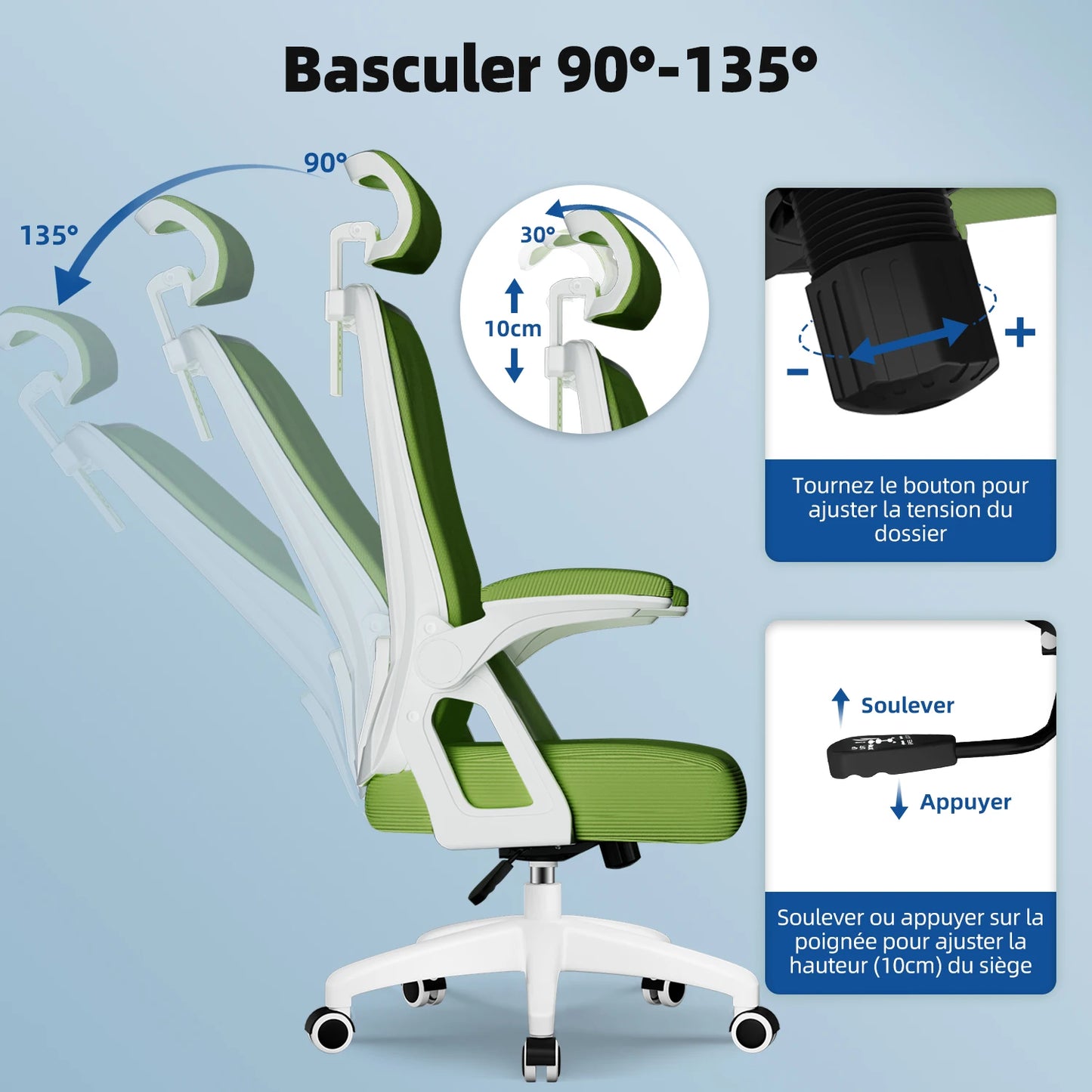 AUTHMIC Ergonomischer Bürostuhl (grün), verstellbare Kopfstütze, Lordosenstütze, drehbarer Schreibtischstuhl mit klappbaren Armlehnen