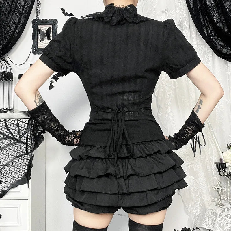 Sweet Lolita Cotton Shirts Women Vintage Gothic Black White Jacquard Short Sleeve Blouses Elegant Office Lady Y2k Tops.