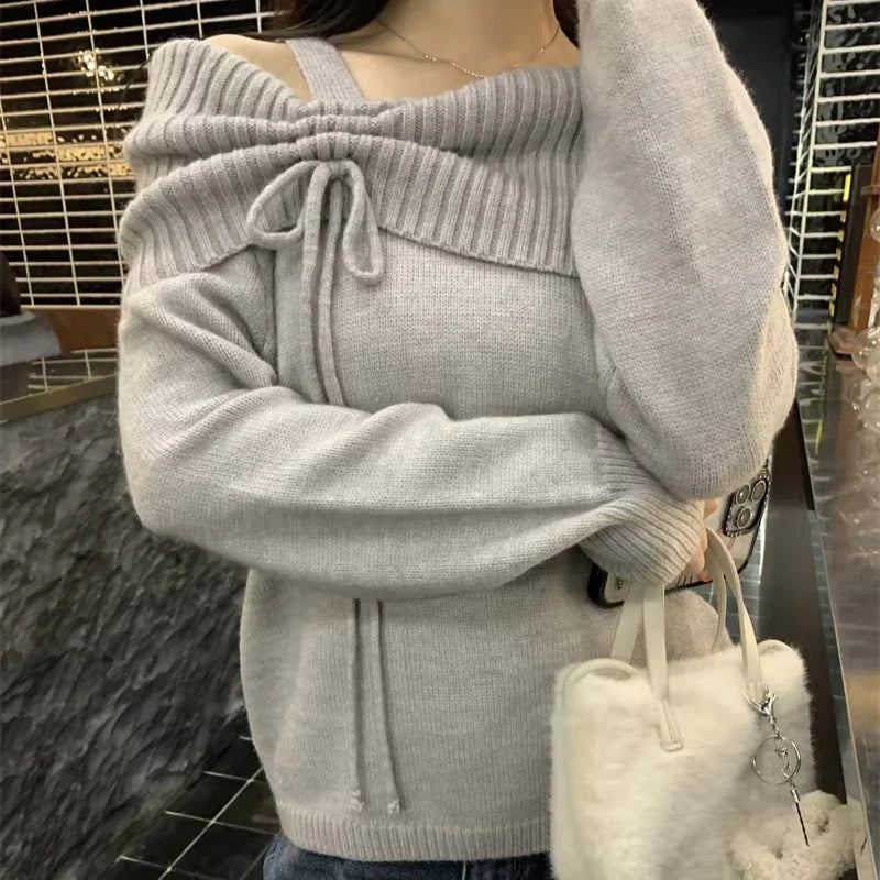Deeptown Koreanischer Stil Kokette Strickwaren Pullover Damen Sweet Slash Neck Langarm Pullover Herbst Winter 2000er Jahre Grauer Pullover.