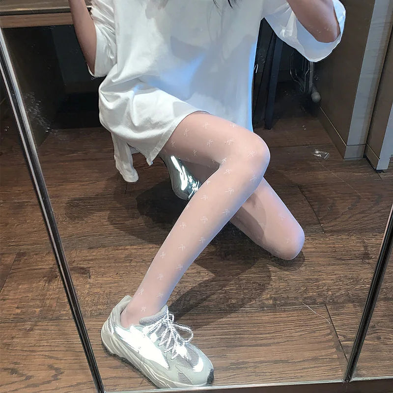 Black Polka Dot Butterfly Knot Tights Ultra Thin Women's Stockings Prevent Snagging Sexy Silk Pantyhose Spring Summer