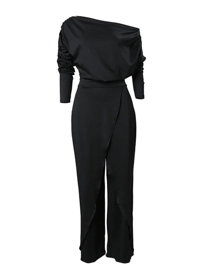 Elegant Jumpsuits for Women 2025 Spring New Plain Elegant Office Lady Loose Ruched Cold Shoulder Split Hem Wide Leg Jumpsuit.
