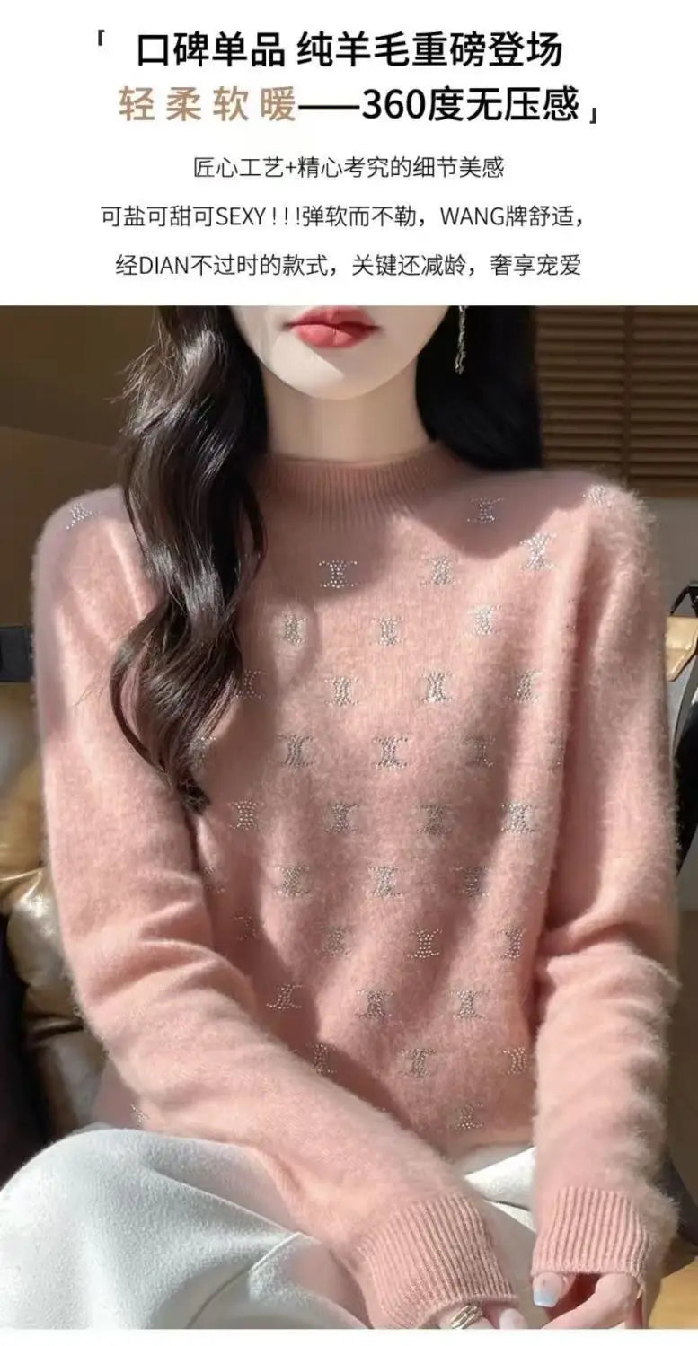 Temperament Fashion Autumn Winter New Sweaters Women Turtleneck Diamonds Long Sleeve Loose Pullovers Bottoming Shirt Knitted Top.