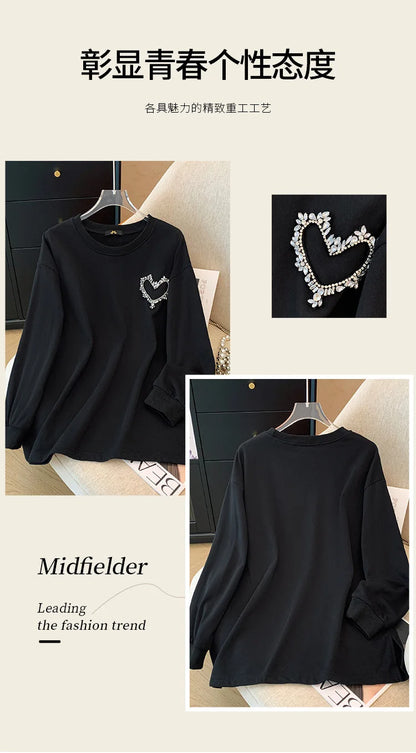 150 kg Übergröße Damen Büste 155 Frühling Herbst Lose Sweatshirt mit hellem Diamantherz Schwarz 5XL 6XL 7XL 8XL 9XL