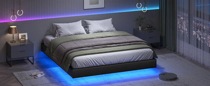 LED-beleuchtetes 180 x 200 cm großes Polsterbett mit Gestell, Gitterbettgestell, schwebender schwarzer Bettrahmen für Schlafzimmer
